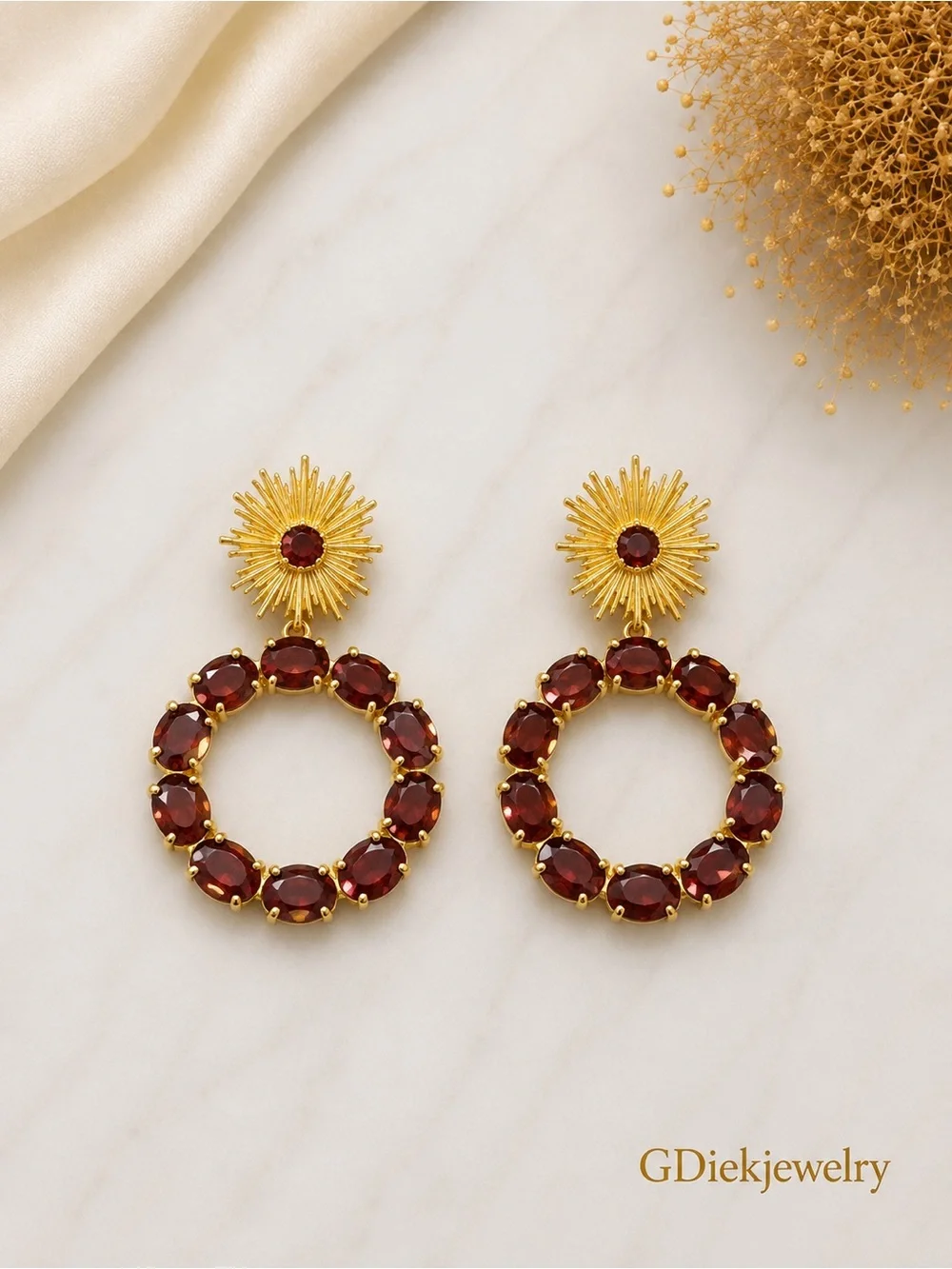 Goldfilled  & Garnet Sunburst Hoop Drop Earrings